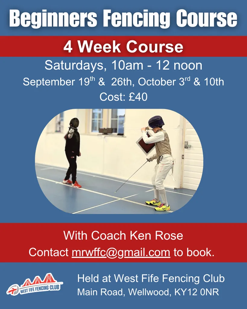 Poster for beginner's fencing lessons with a photo of someone taking a fencing lesson from the coach (in black fending kit).