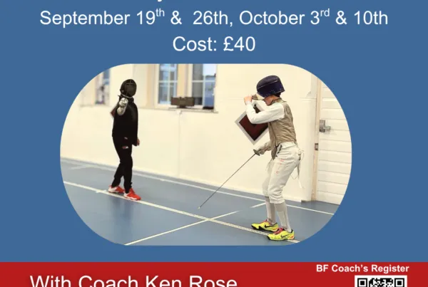 Beginners fencing course poster for Sept/Oct 2026.